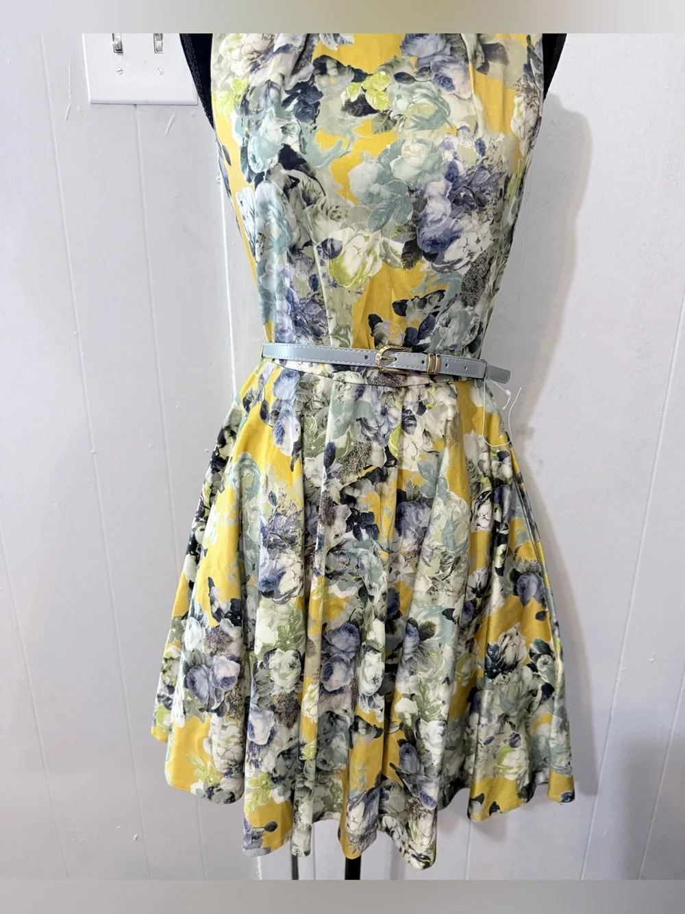 Yellow Floral Fit-and-Flare Mini Dress with Belt